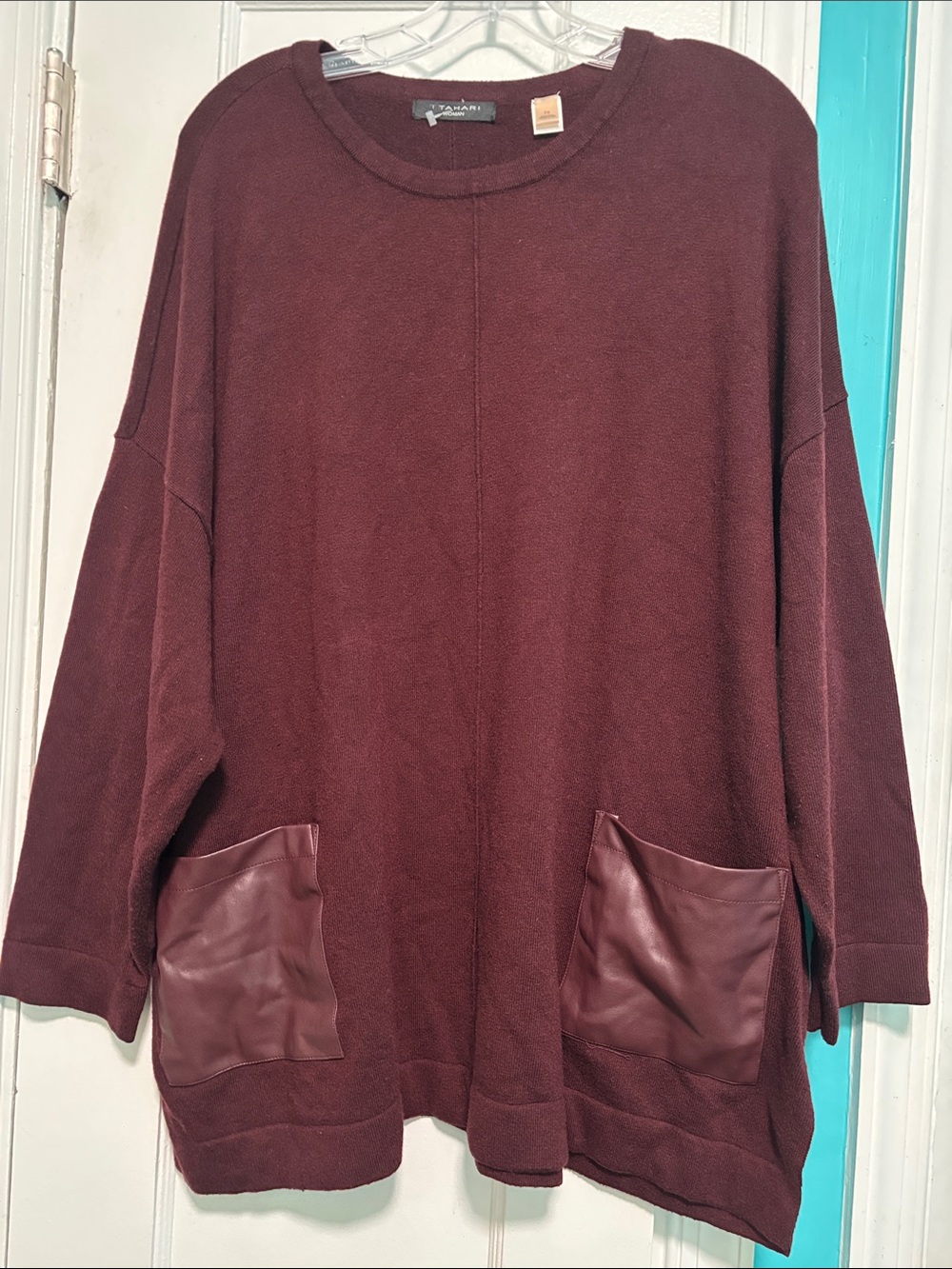 Tahari Chocolate Brown Crewneck Sweater with Faux Leather Pockets